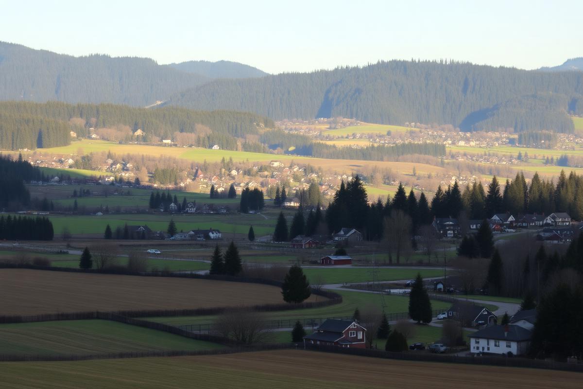 Farmland, homes and forested hills in the Cowichan Valley near Duncan
