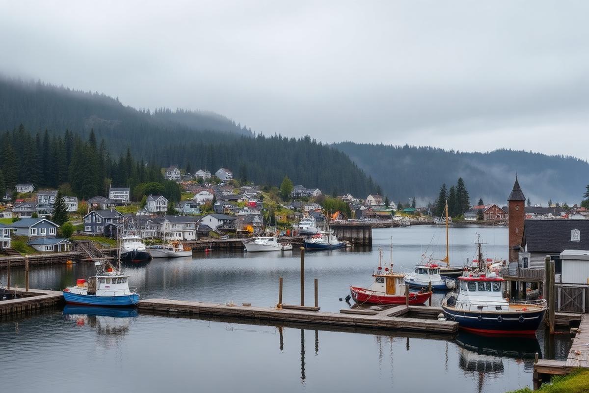 Ladysmith harbour with fishing boats and forested hills on Vancouver Island