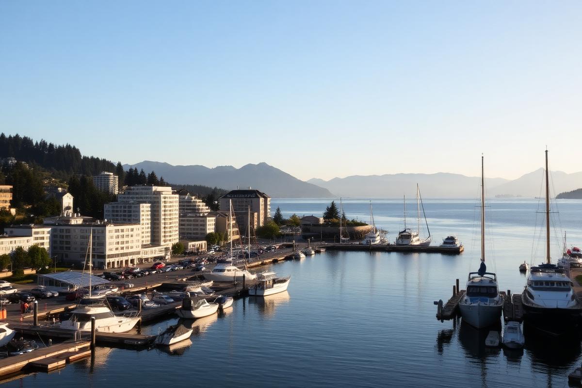 Nanaimo waterfront marina with downtown buildings and coastal mountains