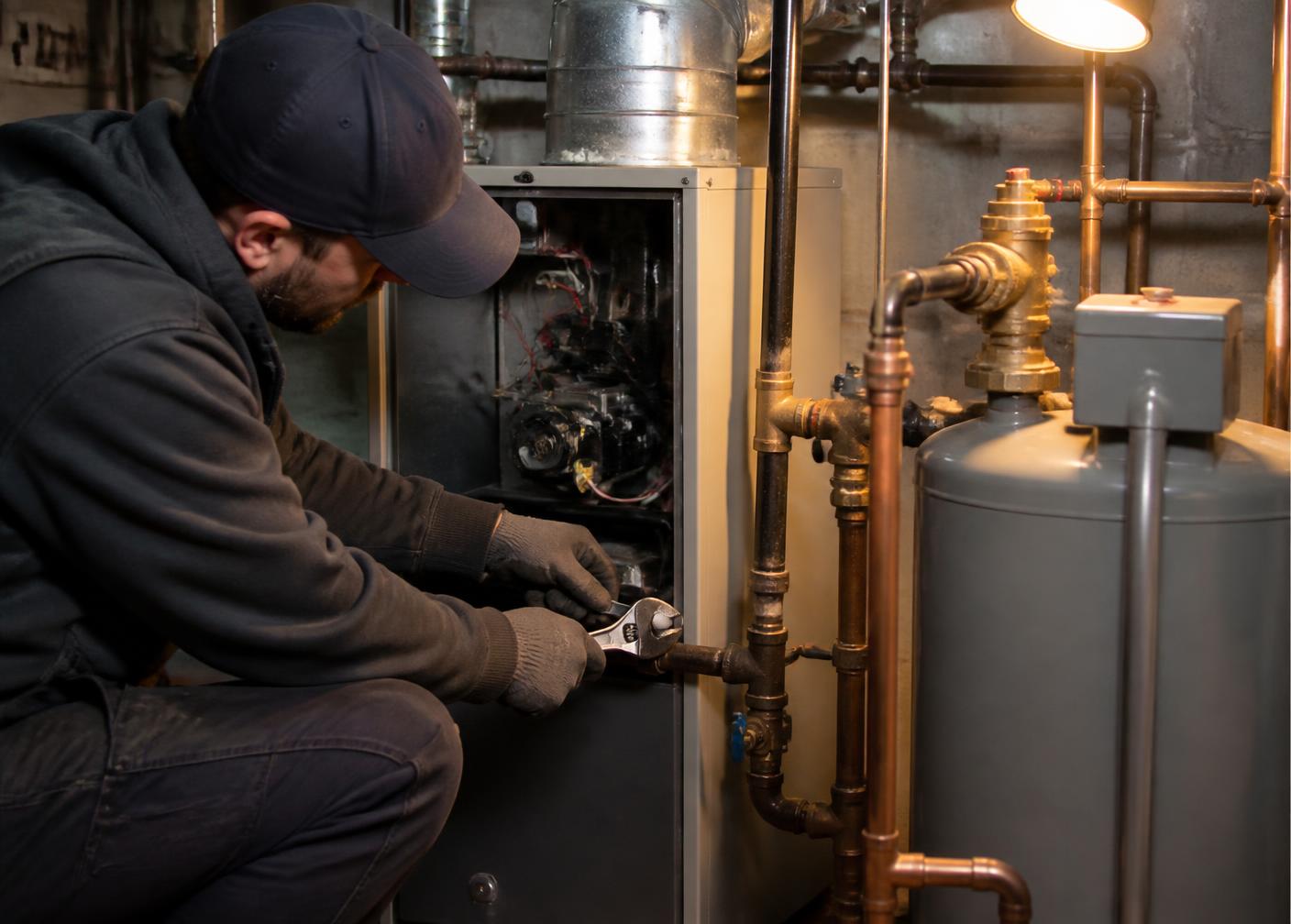 Technician servicing a gas boiler and heating system