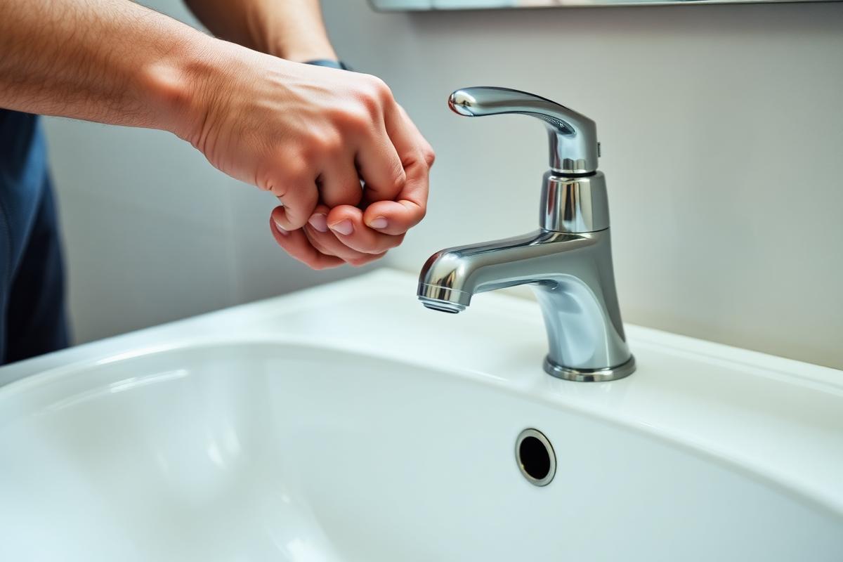 Plumber fitting a chrome faucet on a bathroom sink
