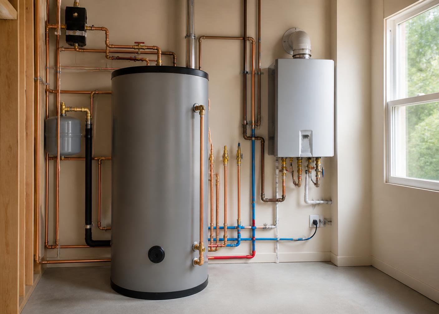 Newly installed hot water tank in a utility room